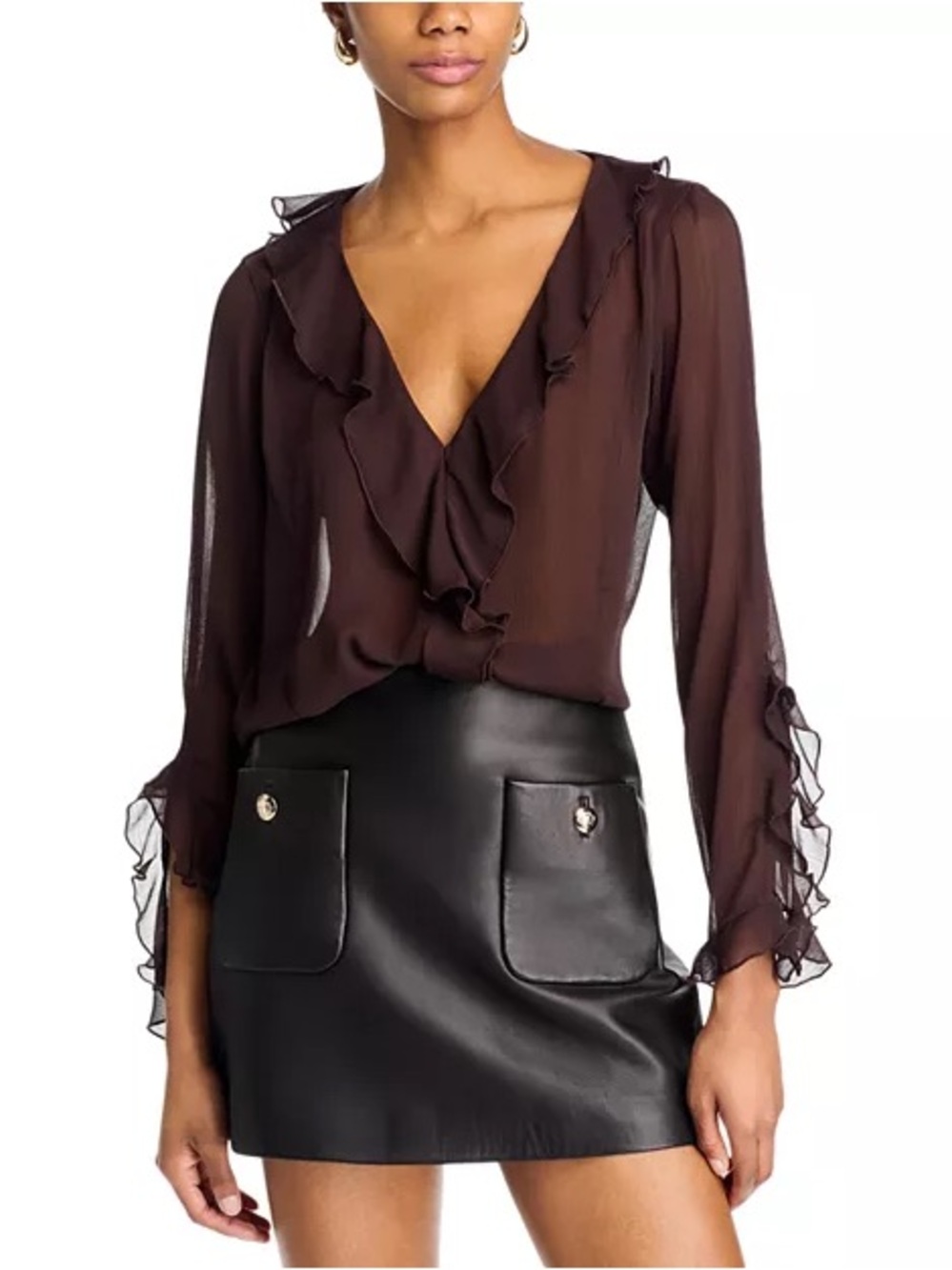 NWT Lucy Paris Brown V Neck Ruffle Top Size Large